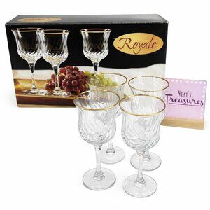 Royale Hand Decorated 24 Karat Gold Rim Swirl 12oz Clear Water Wine Goblet Set 4